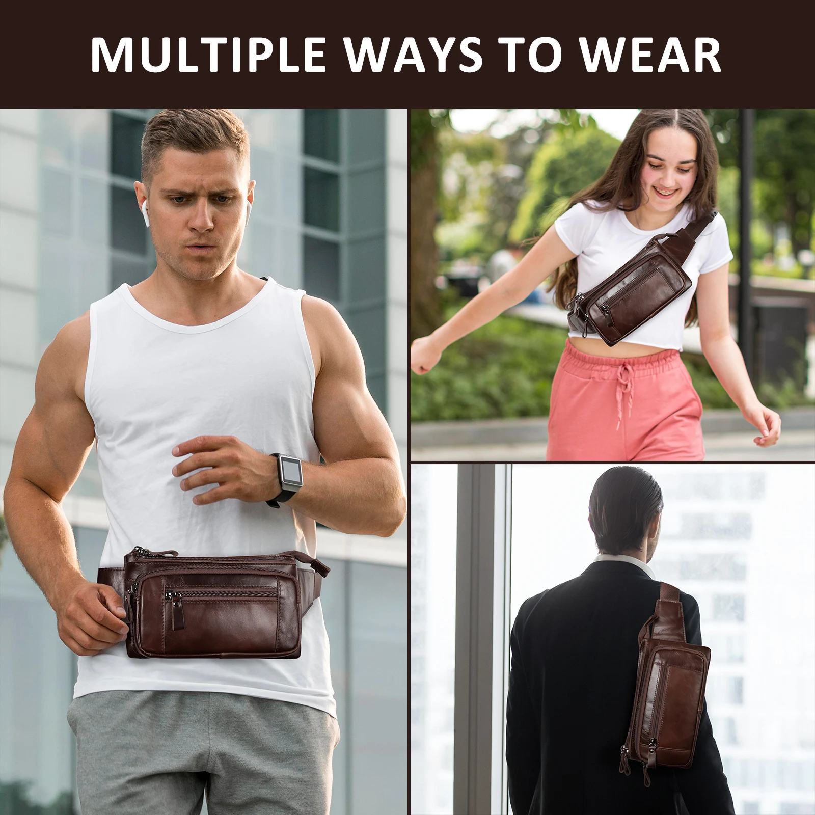 HUMERPAUL Men's Genuine Leather Waist Packs Business Travel Chest Bag Male Waist Belt Phone Pocket Small Bum Bags Free Engraving