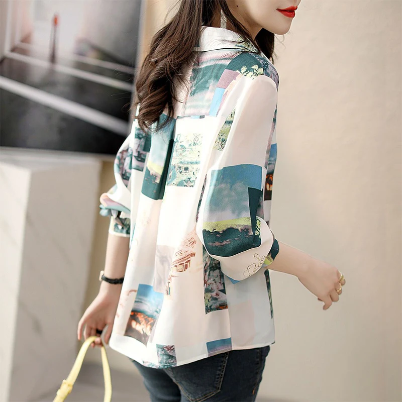 Summer Polo-neck Vintage Print Chiffon Shirt Ladies Long Sleeve Temperament All-match Casual Top Women Elegant Fashion Blouse