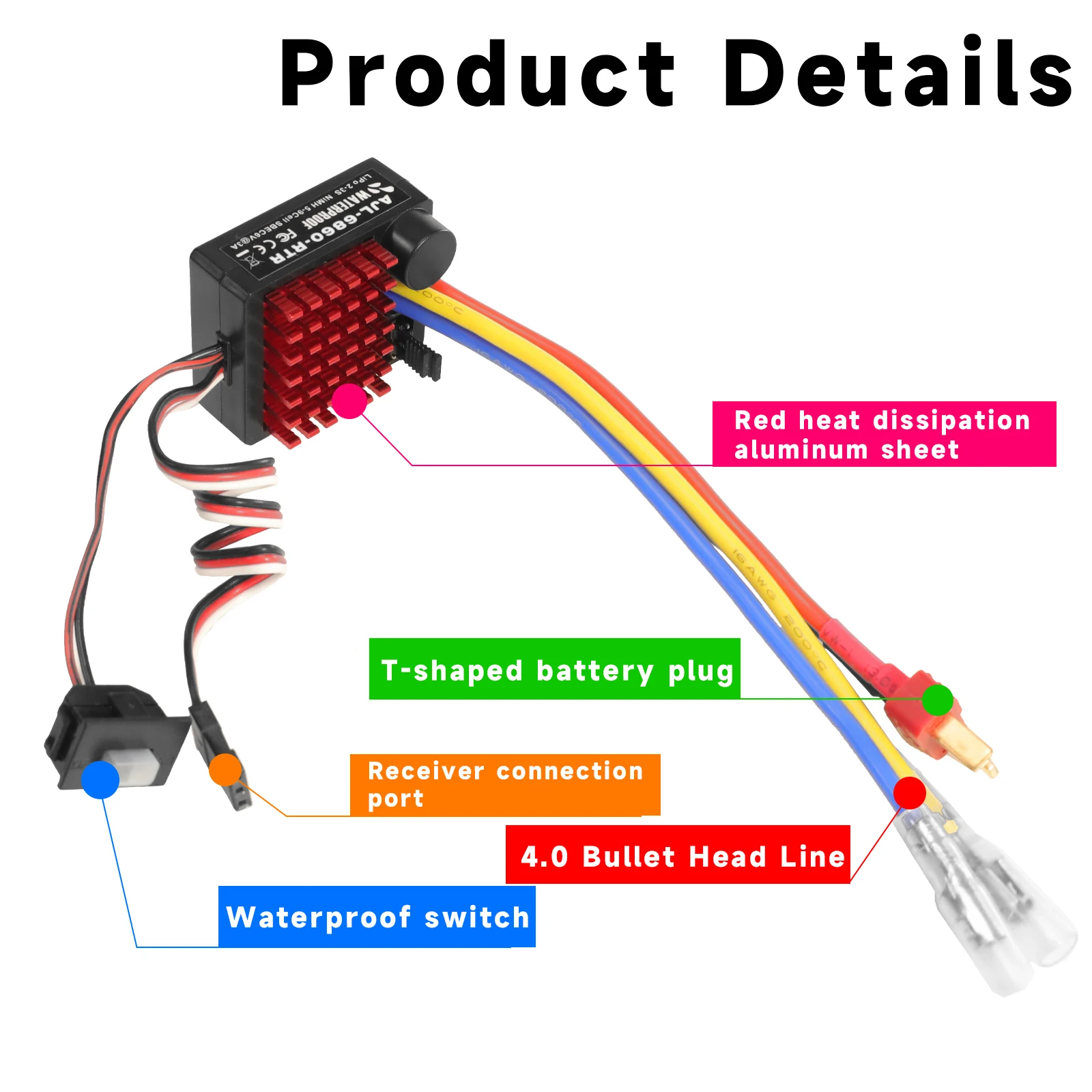 60A Waterproof Brushed ESC 6V/3A BEC Built-in 3 Modes AJL-6860-RTR 2-3S for RC Car 540/550/750 Motors Vehicles Boat Tank