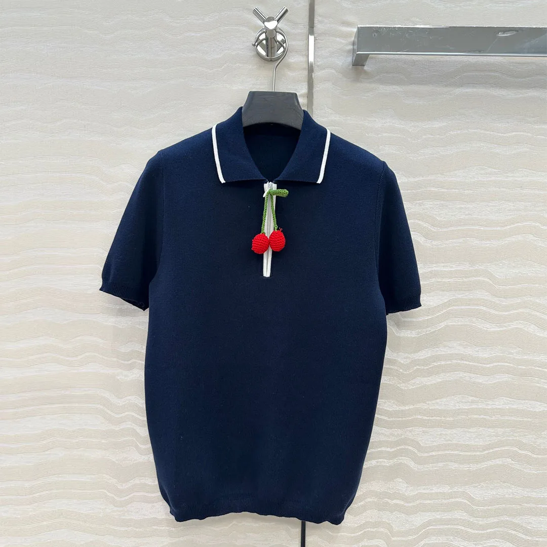 

New Summer Preppy Style Two Colors Cotton Knitted T-shirt Women Lapel Zipper Crochet Cherry Short Sleeve Sweet Casual Tops Tee