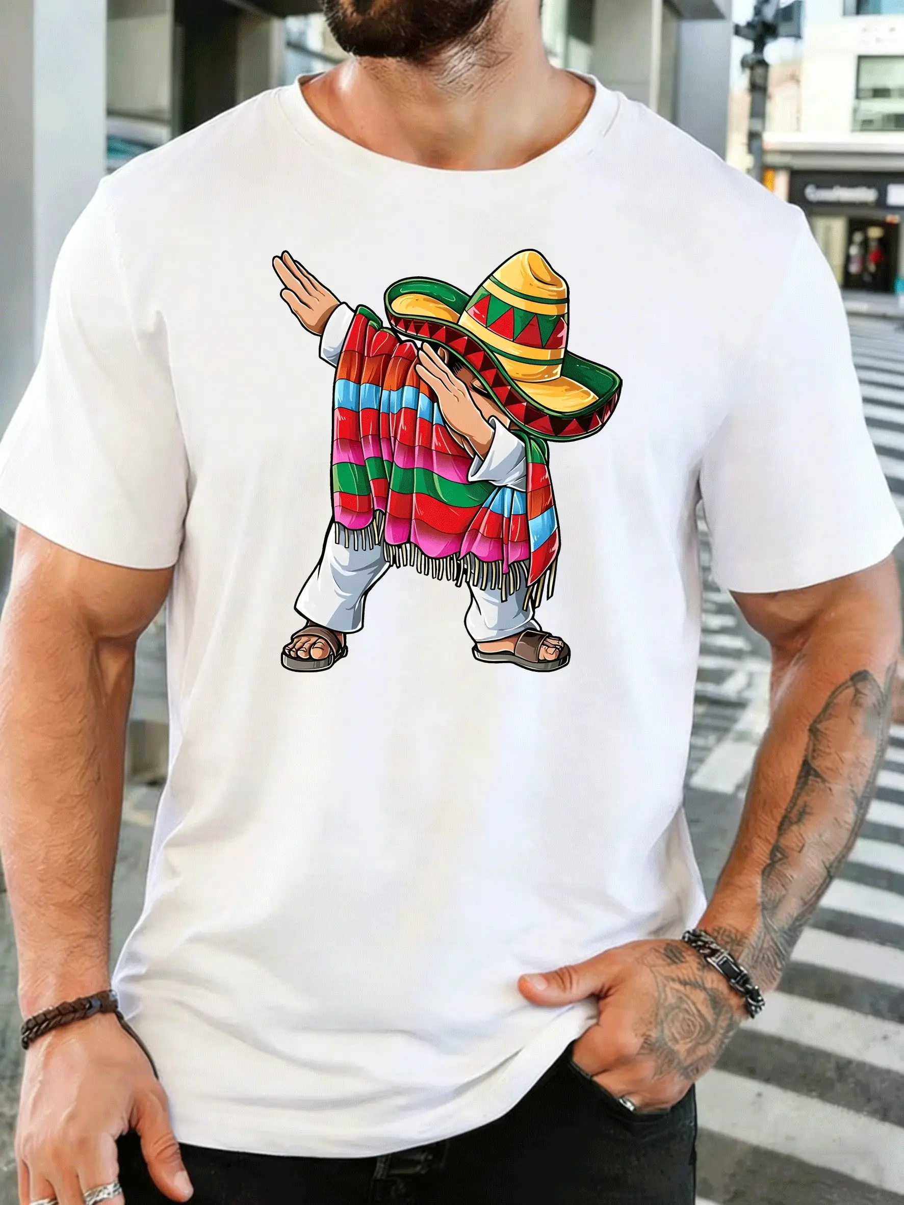 Dabbing Mexican Man Sombrero Poncho Mens Print T Shirt Mexico Culture Graphic Tee Casual Short Sleeve Top Festival Lover Gift