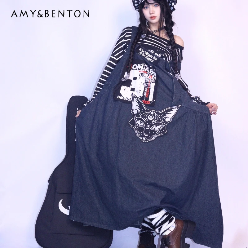 

American Retro Loose Slimming 2D Denim Women's Sling Long Dress 2025 Autumn Winter New Y2k Flared Over-the-Knee Dresses Ladies