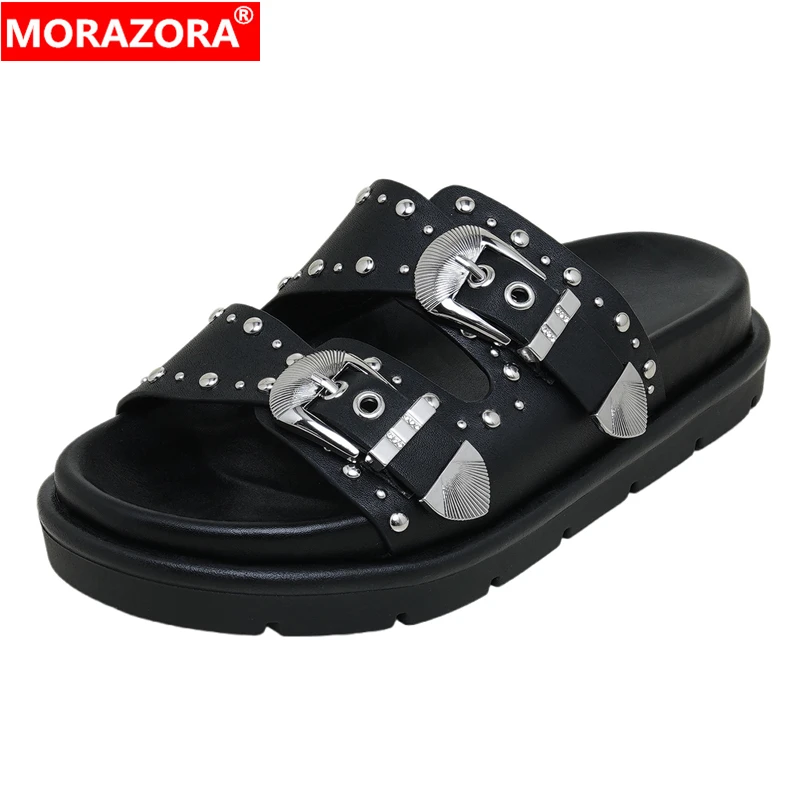 MORAZORA 2024 Ins NEW Genuine Leather Shoes Women Slippers Fashion Rivets Platform Shoes Punk Black Mules Summer Shoes