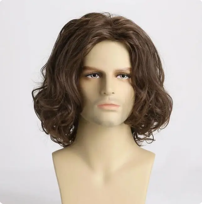 Synthetic Wigs For Men Party Male Wavy Short Brown Hair Medium Length Natural Wave Curly Adjustable Size Men