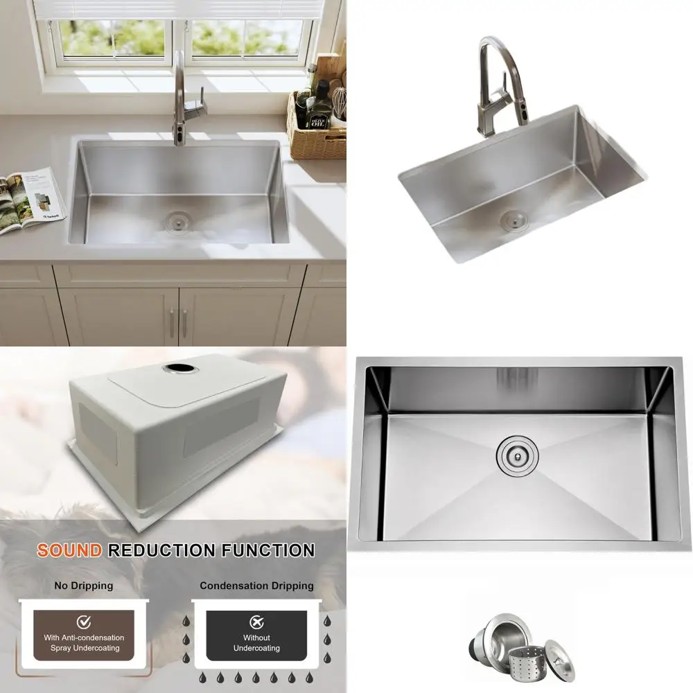 

Кухонная мойка ручной работы из нержавеющей стали, 27 дюймов, одинарная, подстольная, с сифоном, 16 калибр, 27 x 18 x 9