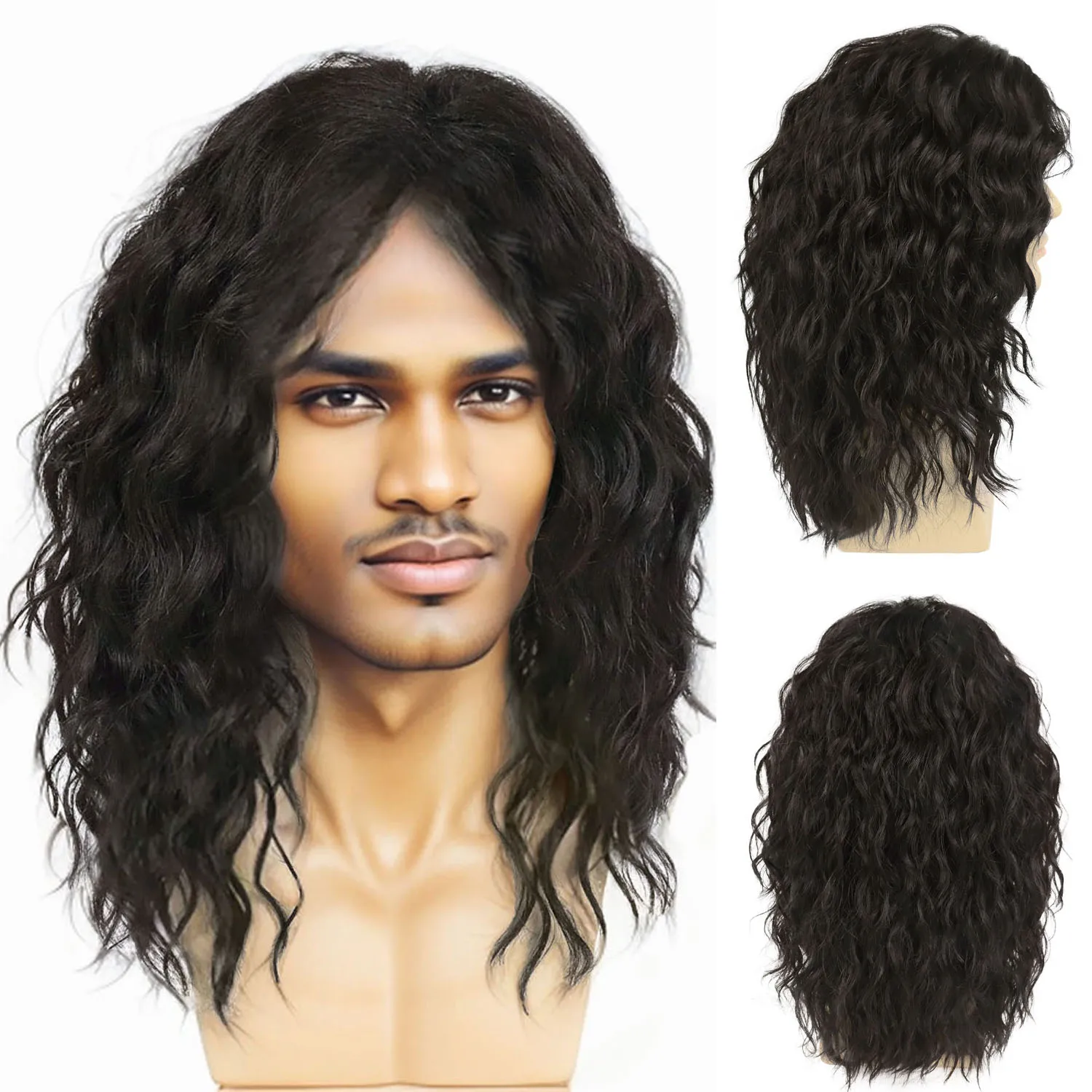 

Dark Brown Long Wavy Curly Synthetic Hair Wigs for Men Male Fluffy 70s 80s Wig Heat Resistant Halloween Daily Costume Rock Party
