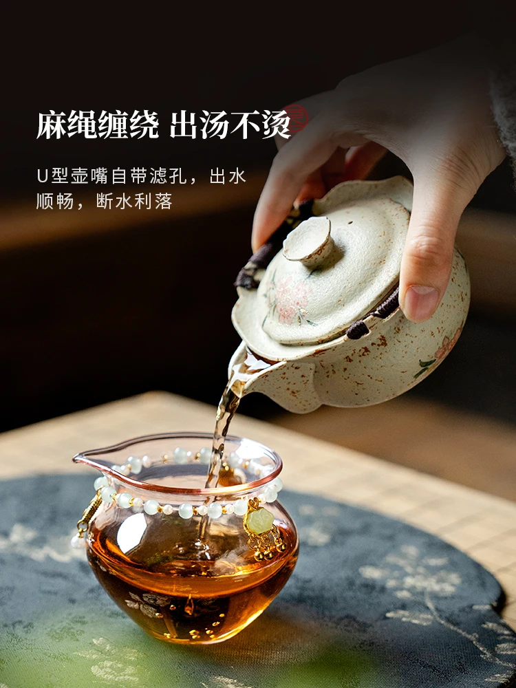 

Blue and White Fire Stone Red Pure Hand Drawing Small Peach Blossom Pot Anti-Scald Ceramic Teapot Set Gift Box