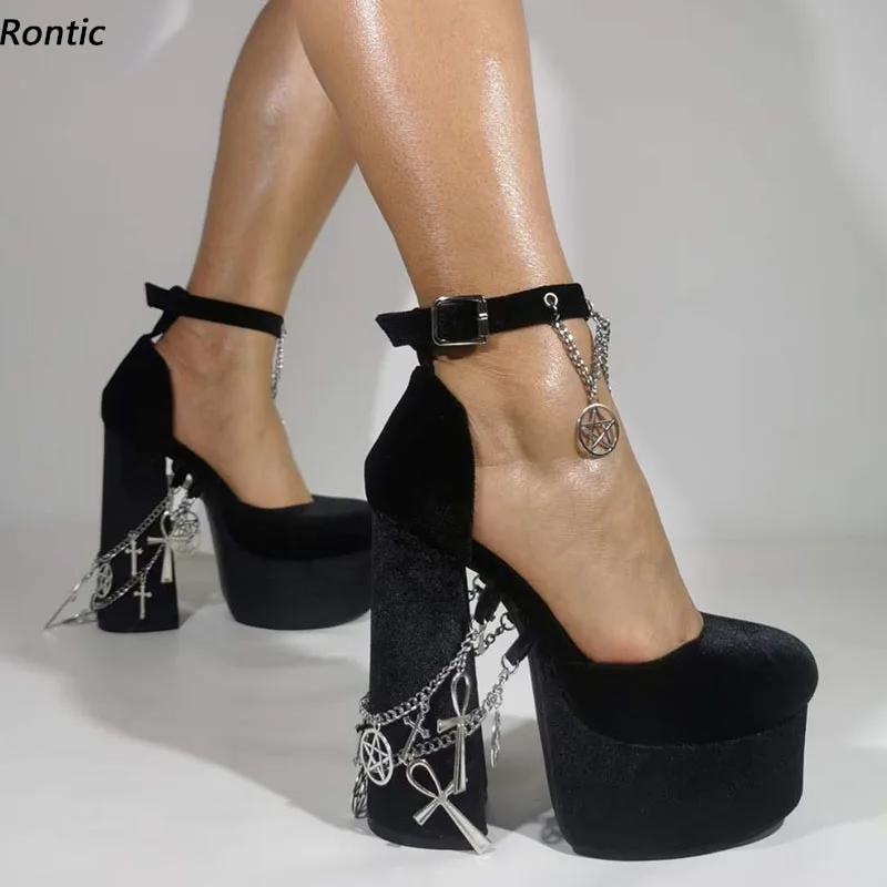 

Настоящие фотографии Rontic, женские весенние туфли-лодочки на платформе, плюшевые туфли на блочном каблуке с круглым носком, красивая черная фотообувь, американские размеры 5-15