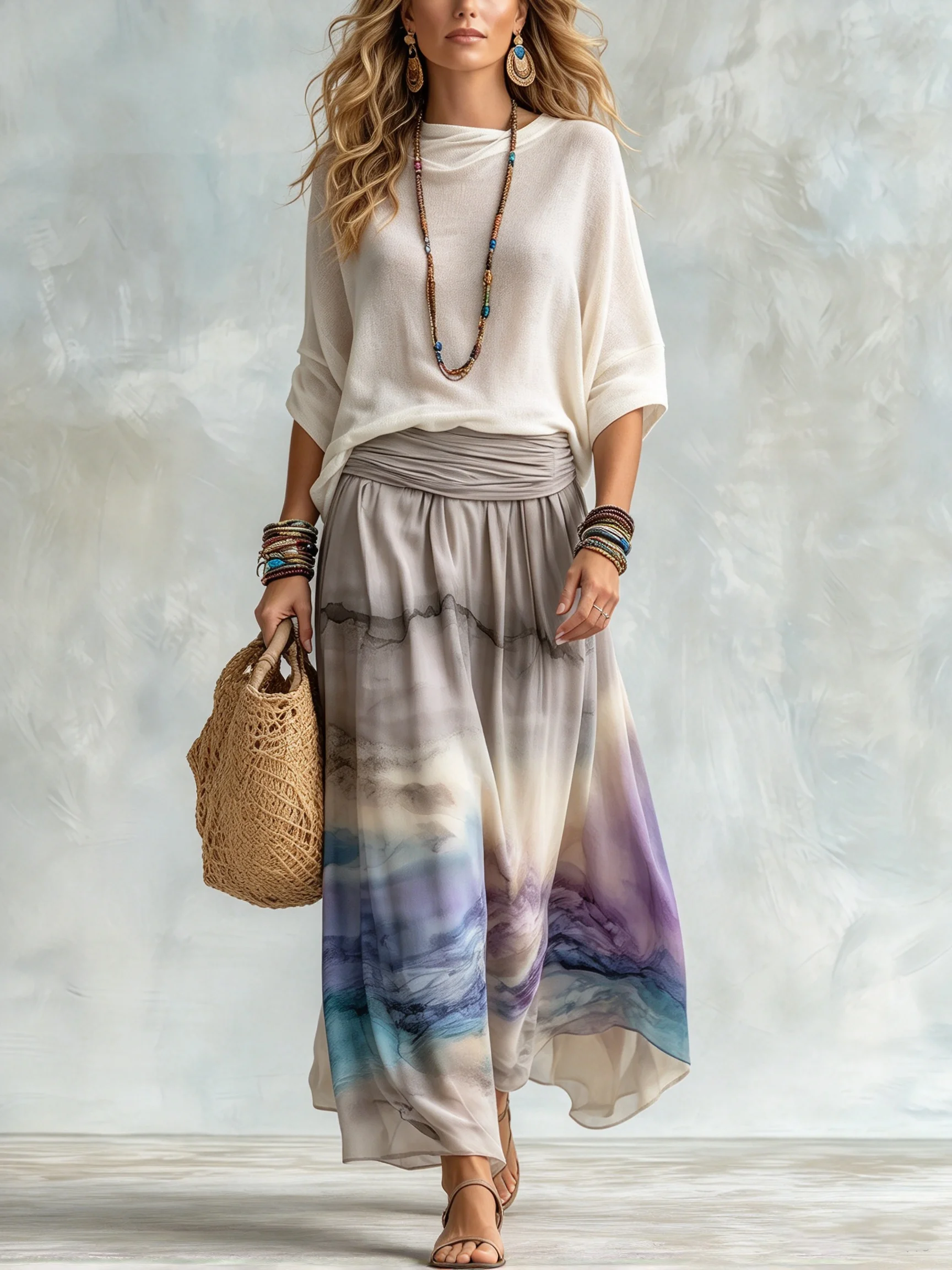 Two Piece Skirt Set Women Boho Chiffon Maxi Skirt Loose Blouse Watercolor Print Flowy Vacation Beach Matching Outfit