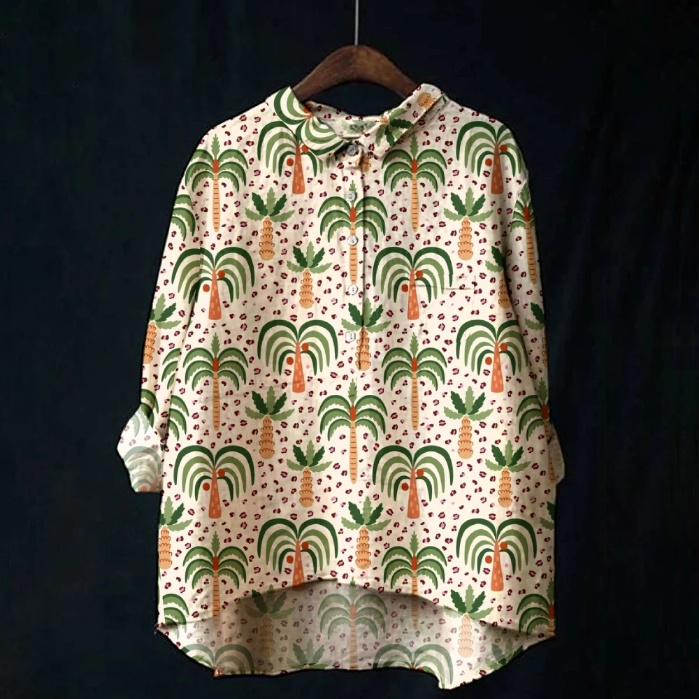 

Hawaiian-Style Women's Shirt Polo Collar Irregular Chic Coconut Print Long-Sleeved Shirt Fashionable New Beach Versatile Top