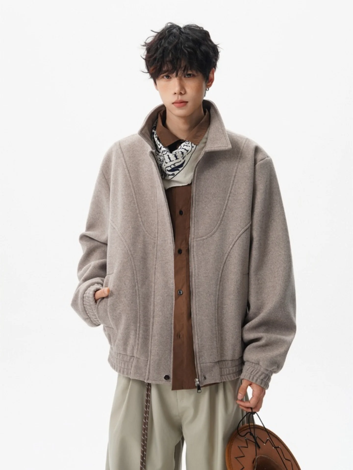 

Korean Early Autumn Men's ort Woolen Jaet Retro Stand Collar Zipper Closure Casual Outerwear Youth Faion Autumn Coat