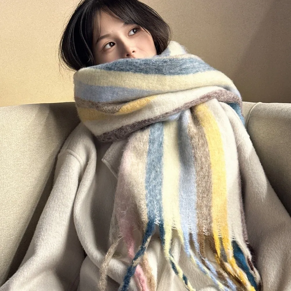 New Soft Grid Scarf Rainbow Tassel Thickening Long Tassel Scarves Mohair Neck Warmer Warm Shawl for Versatile Winter Essential