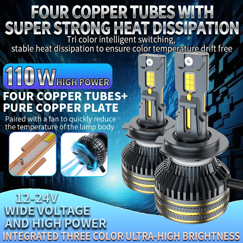 Wide Voltage LED Car Headlight Bulbs H7 H4 9005 110W Tri-Color Hi/Low Beam Super Bright Auto Lamp Retrofit Truck 12V 24V 20800LM