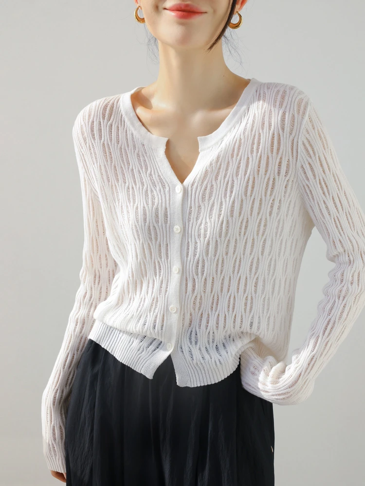 2026 Spring Summer New Hollow Out Ice Silk Linen Women Cardigan Scallop O-Neck Long Sleeve Knit Cover Up Coat Solid Sweater