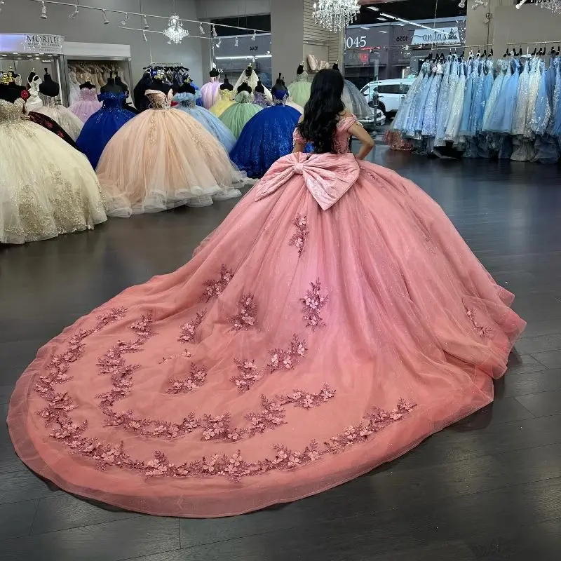 Customized Pink Quinceanera Dress Ball Gown Hand Made Flowers Appliques Beading Ruffles Bow Sweet 16 Vestidos De 15 Años YQD762