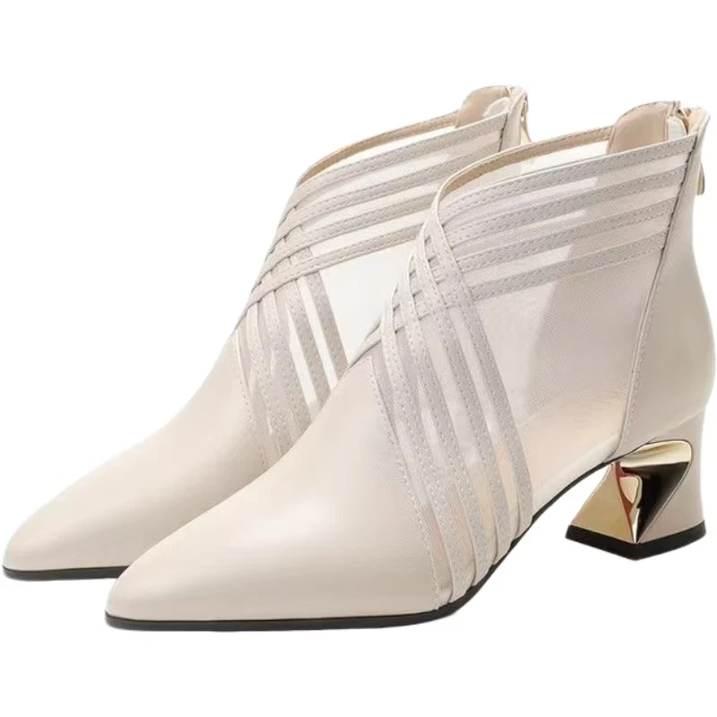 

Women Leather Mesh High Heel Ankle Boots Spring Summer New Soft sole Non Slip Pointed Toe High Top Block Heel High Top Cool Boot