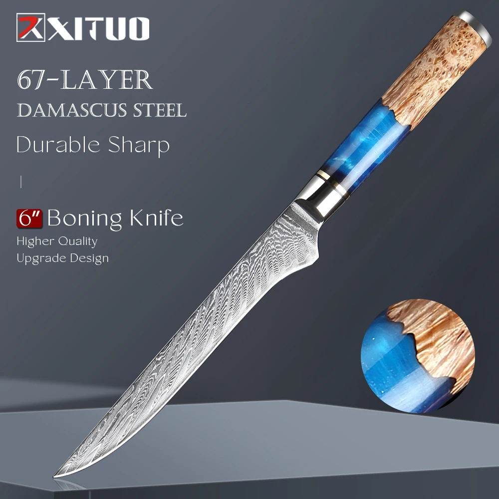 XITUO Sharp 5.5-inch Boning Knife 67-Ply Damascus VG-10 Steel Utility Knife Fish Belly Knife Resin Stabilized Wood Handle
