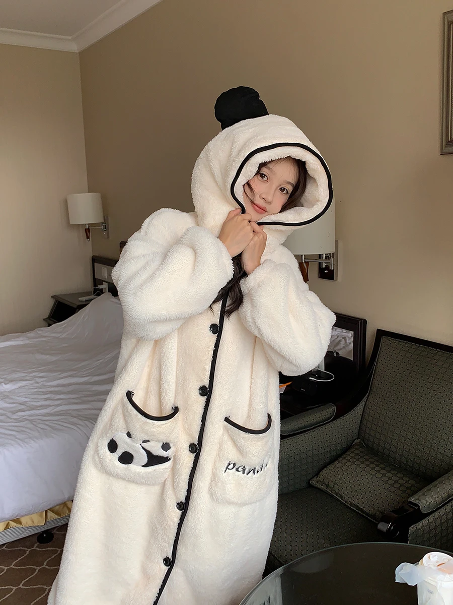 Korean style winter hooded pajamas with velvet ears women fashionable cute coral velvet soft comfortable warm pajamas freshing