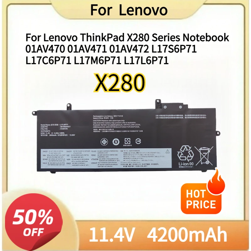 

11.4V 48Wh Laptop Battery For Lenovo ThinkPad X280 Series Notebook 01AV470 01AV471 01AV472 L17S6P71 L17C6P71 L17M6P71 L17L6P71