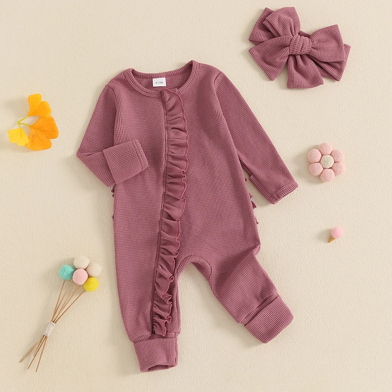 

Infant Girl 2-Piece Autumn Ensemble Stylish Long Sleeve Ruffle Romper with Matching Headband - Adorable Newborn Attire