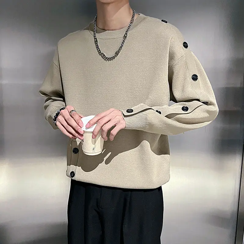 2024 Spring and Autumn and Winter Fashion Personalized Round Neck Button Design Solid Color Simple Loose Long Sleeved Sweater