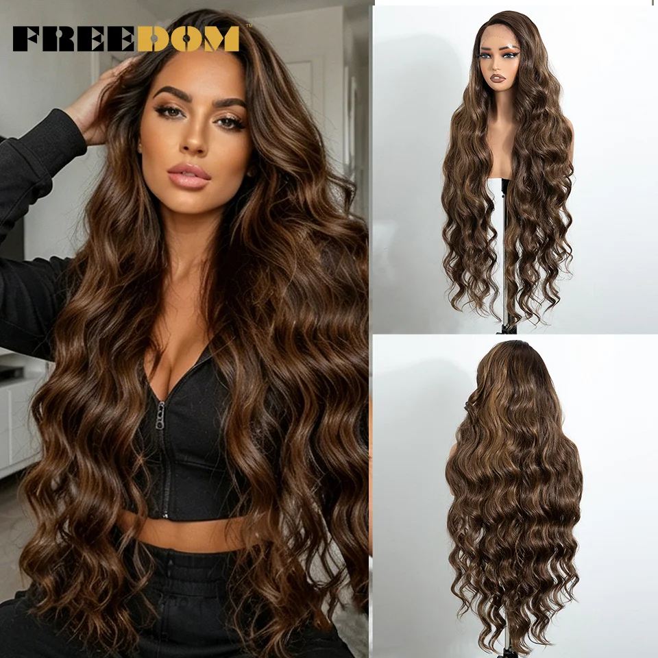 

FREEDOM Synthetic Lace Front Wigs For Black Women 36" Long Wavy Ombre Brown Blonde Body Wave Side Part Lace Wig Daily Use Wig