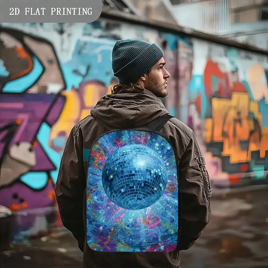 

Vibrant Disco Ball Print Backpack Large Capacity Casual Style Zipper Closure
