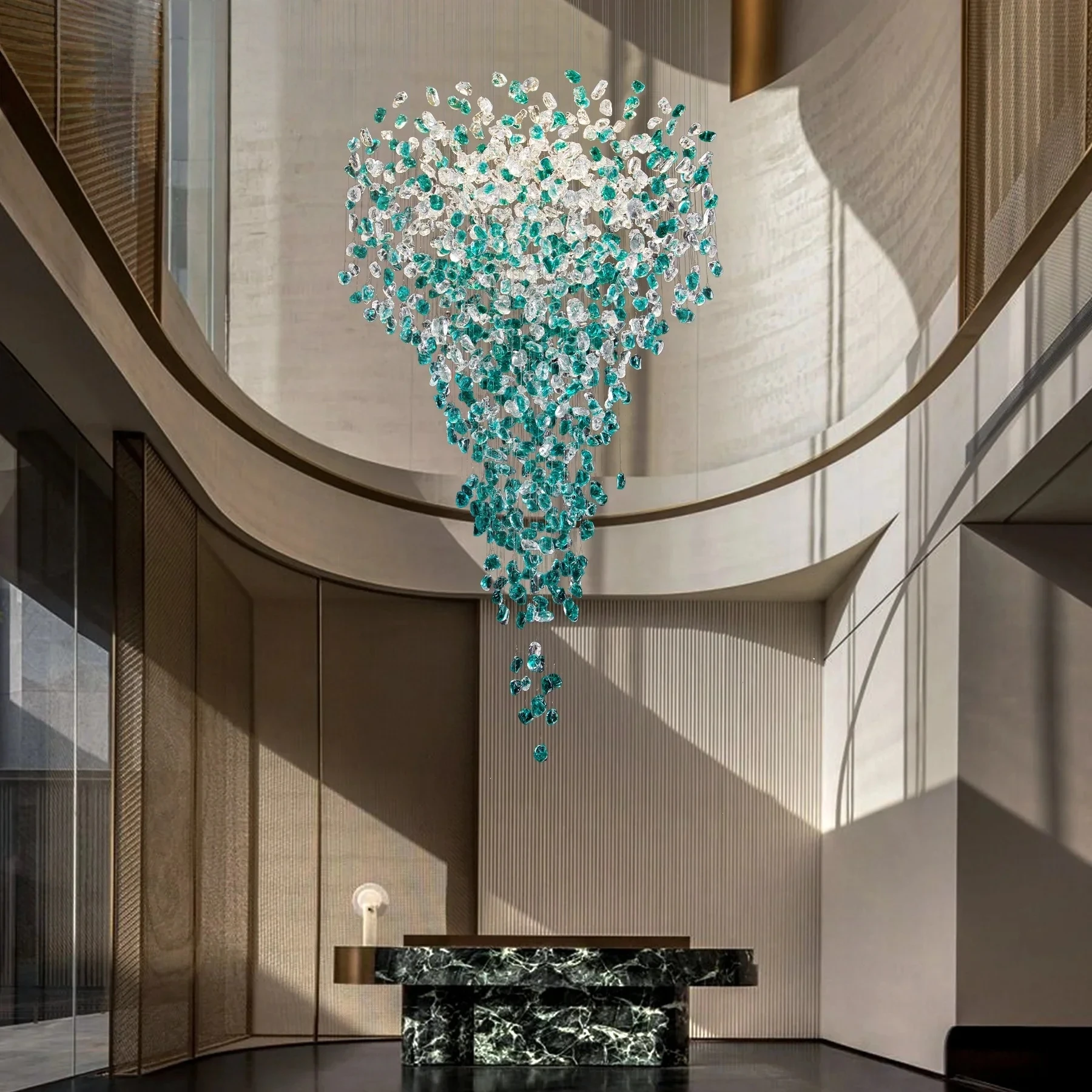 

Luxury Large Green Crystal Stone Chandelier for Lobby Loft Staircase Project Modern LED Color Crystal Hanging Chandelier Custom