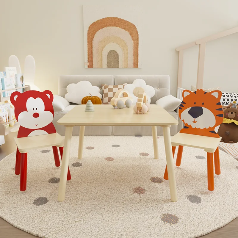 Kindertafel En 2 Stoelen Set, 3 Stuks Peuter Tafel En Stoel Set, Houten Activiteit Speeltafel Set (Beer & Tijger)