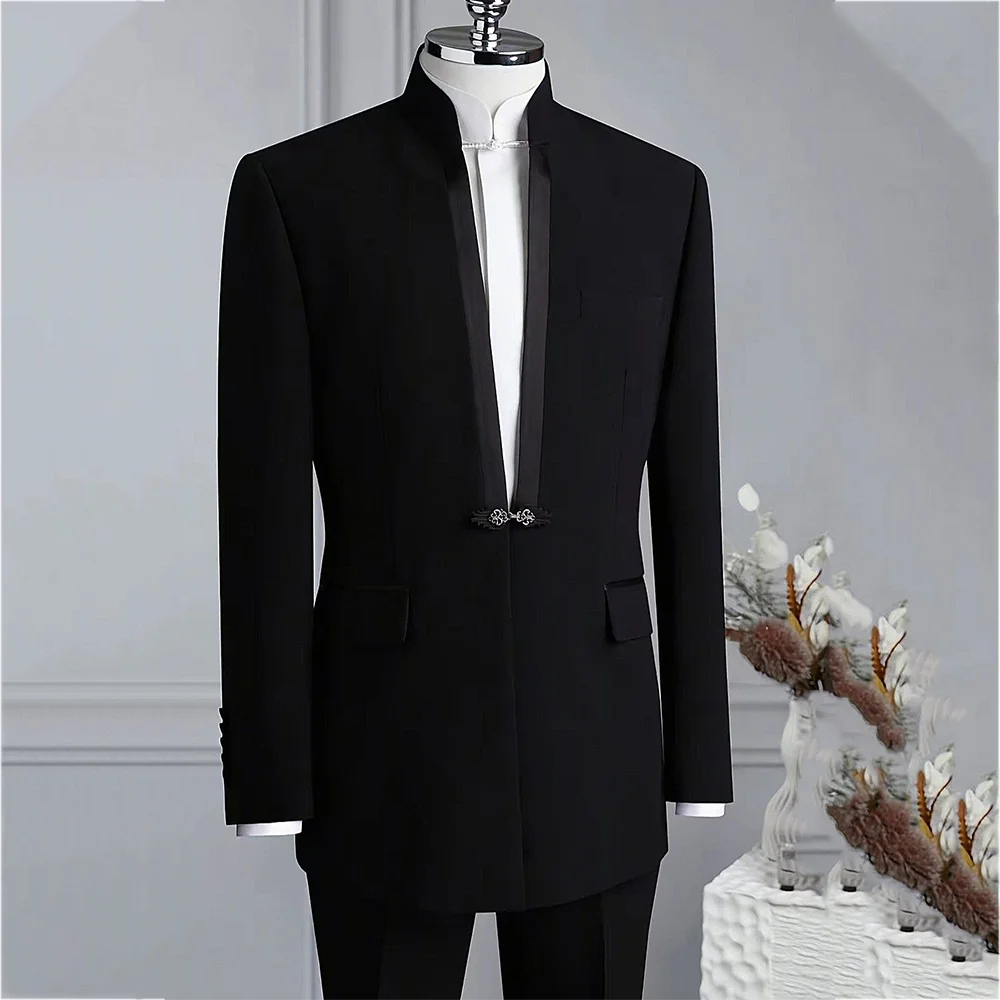 

Handsome Men Suit Jacket with Pants Stand Collar High Quality Male Clothing Single Button Gentleman Wedding Set Two Piece