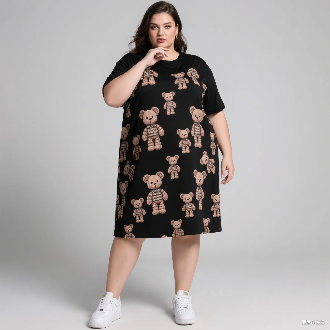 2025 Vestido de manga corta de talla grande para mujer con licencia de Disney, moda informal, muñeca de estilo, estampado de oso de peluche