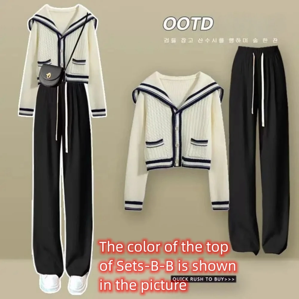 Knitted Spring Preppy Style Sailor Neck Women\'s Knitted Cardigan Elastic Wide Leg Pants Long Sleeve Korean Sportswear Set