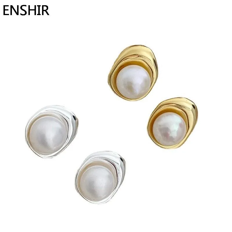 ENSHIR Irregular Geometric Pearl Stud Earrings for Women Exquisite Simple Golden Silver Color Party Jewelry