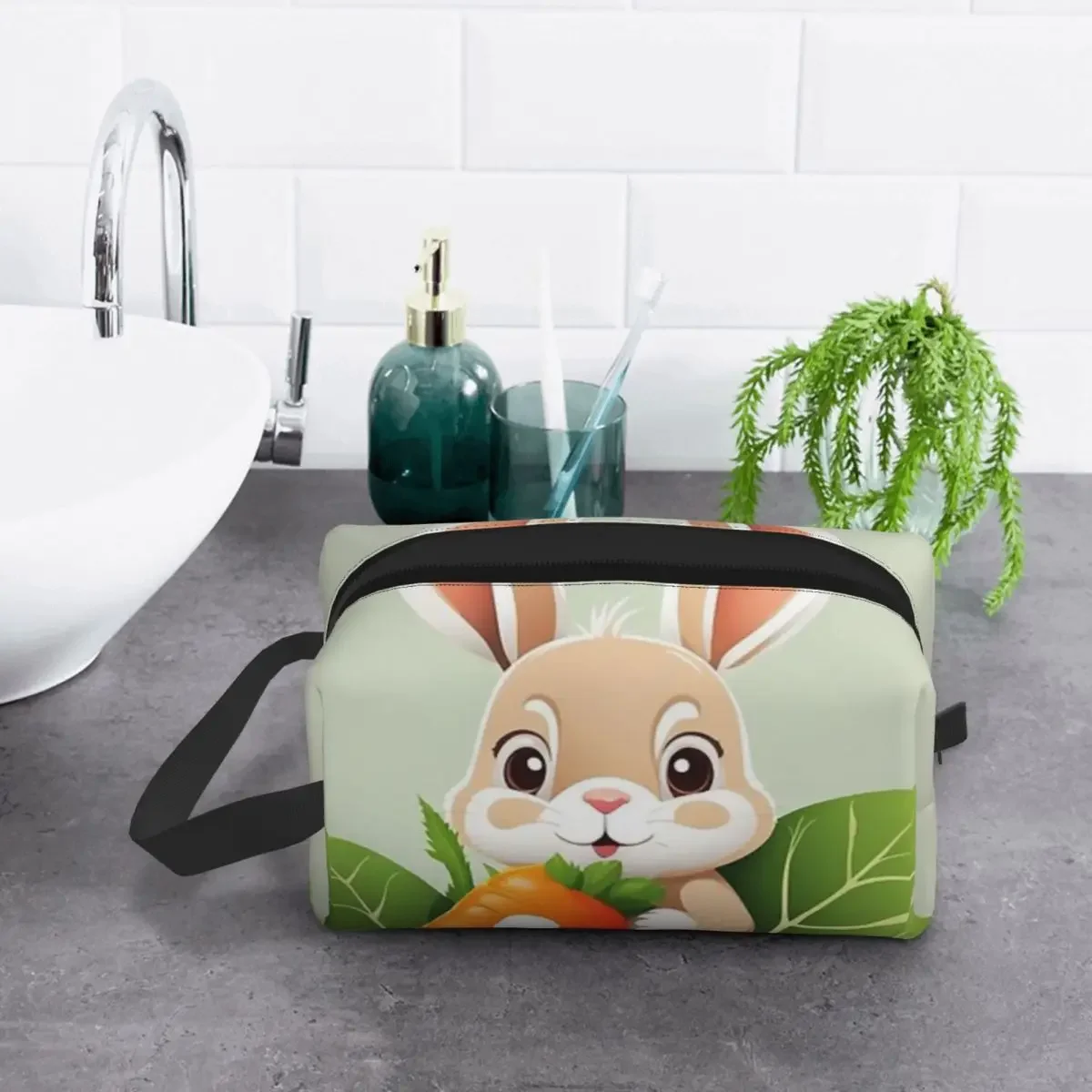 

Cute Rabbit Holding Carrot Cartoon Vector Icon Illustration Travel Cosmetic Bag Makeup Toiletry Organizer Ladies Beauty Storage