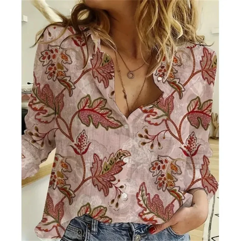 Vintage Leaf Printed Women's Shirt Autumn Clothing Tops Streetwear Casual Long Sleeve Turn-down Collar 3D Print Blouses Ladies