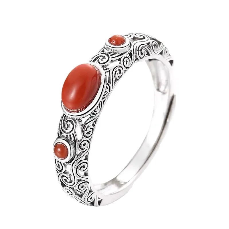 Fashion Hollow Pattern Rings for Women Retro Setting Red Stone Opening Index Finger Ring Mom Jewelry Accessories Holiday Gift