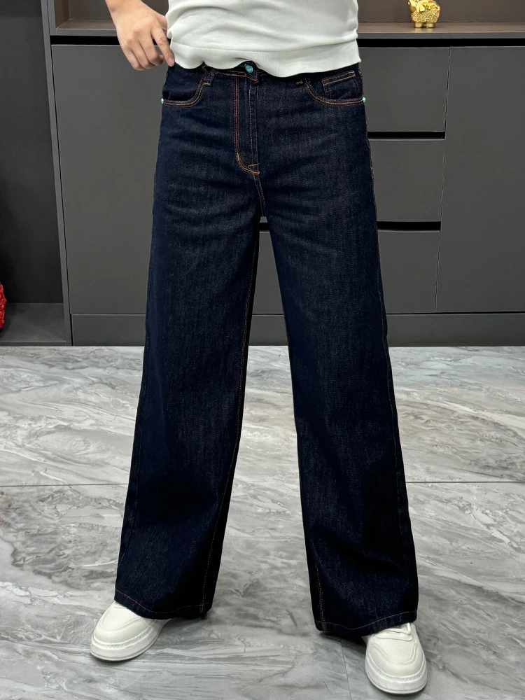 

Новинка 2025, мужские джинсовые брюки, повседневные свободные широкие брюки, модные матовые синие джинсовые длинные брюки