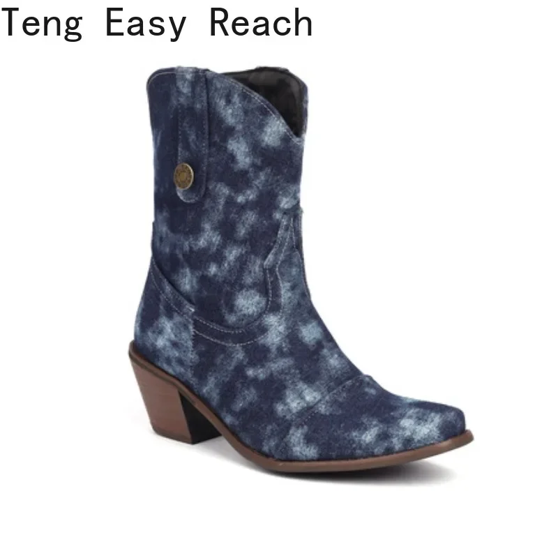 

Cowboy Women's Boots 2025 Autumn and Winter New Pointed Denim Style Casual Temperament High Heels Single Shoes Zapatos De Mujer