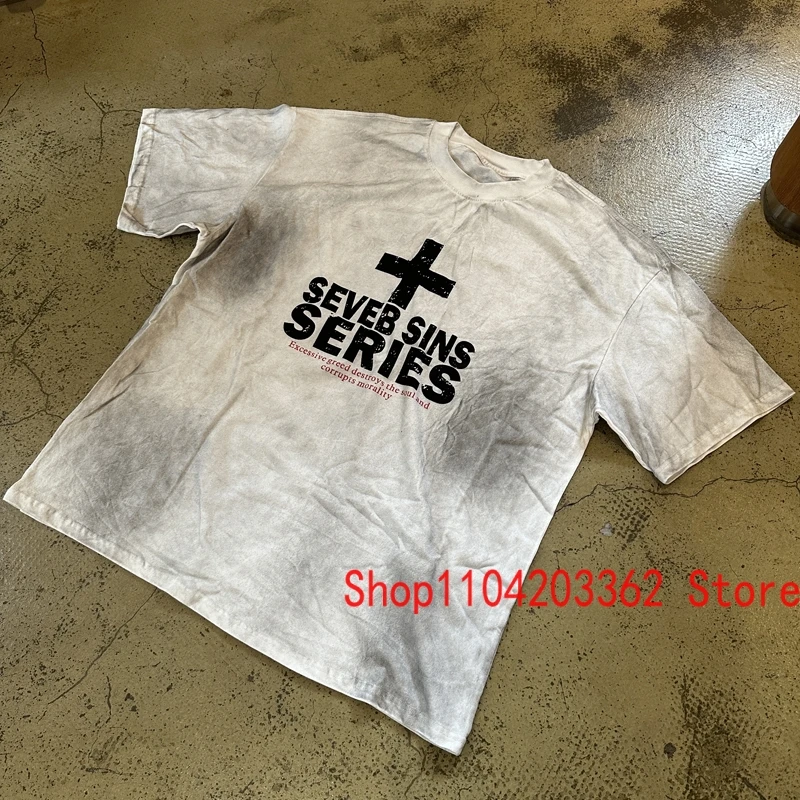 Retro High Street Trend Brand KANYE WEST Short Sleeve T-shirt Do Old Mud Dyed Cross Back Question Mark Print Top Tee Shirts