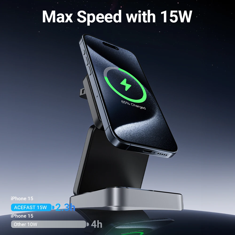 ACEFAST Aluminum Alloy 15W Wireless Magnetic Wireless Charging Holder For iPhone 16/15/14 Foldable 3 in 1 Charging Dock Station - Image 3