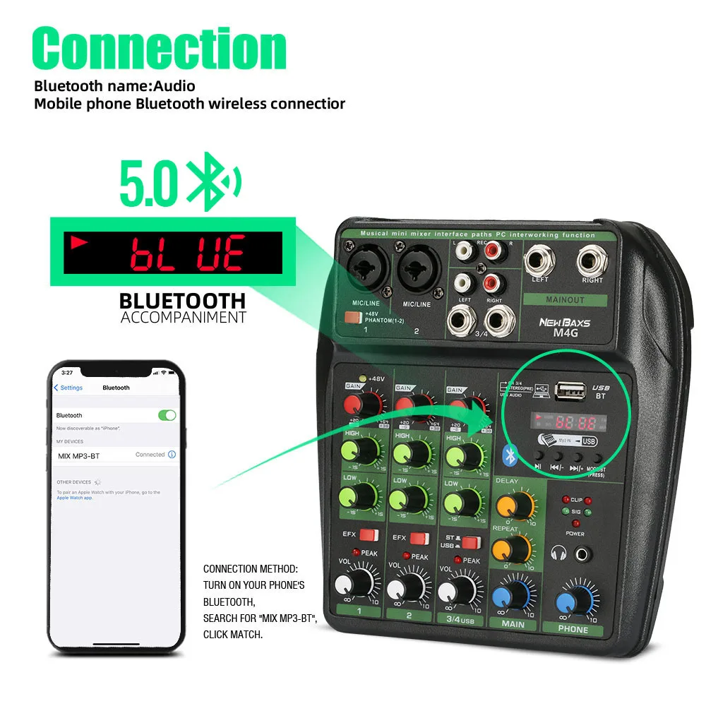 Audio Mixer M4 4 Channel Professional Mixing Console Bluetooth 48V Power Supply for Music Performance Recording Karaoke System