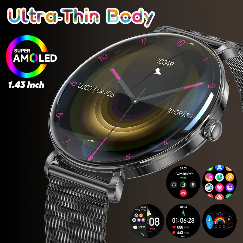 

LIGE New Ultra Thin Smart Watch 1.43" AMOLED 466*466 HD Display Always Show Time Heart Rate Bluetooth Call Smartwatch Men Women