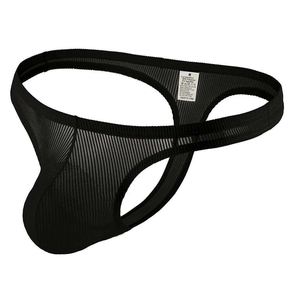 Mens Thong Sheer Striped Pouch G-String Low Rise Underwear See Through Panties Half Hip Breathable T Back G String Panties