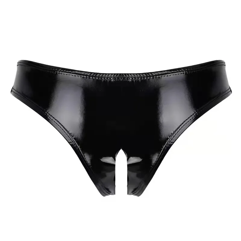 Woman Sexy Open Crotch Latex Underwear PVC Flash Leather Panties Erotic Costume Swimwear Outdoor Sex Dancewear PU Briefs