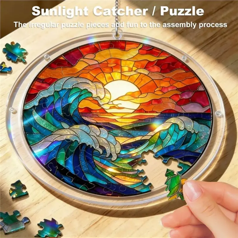 AB11 Round Acrylic Suncatcher Puzzle, DIY Window Hanging for Craft Decor, Sunset By the Sea Home Garden Ornament