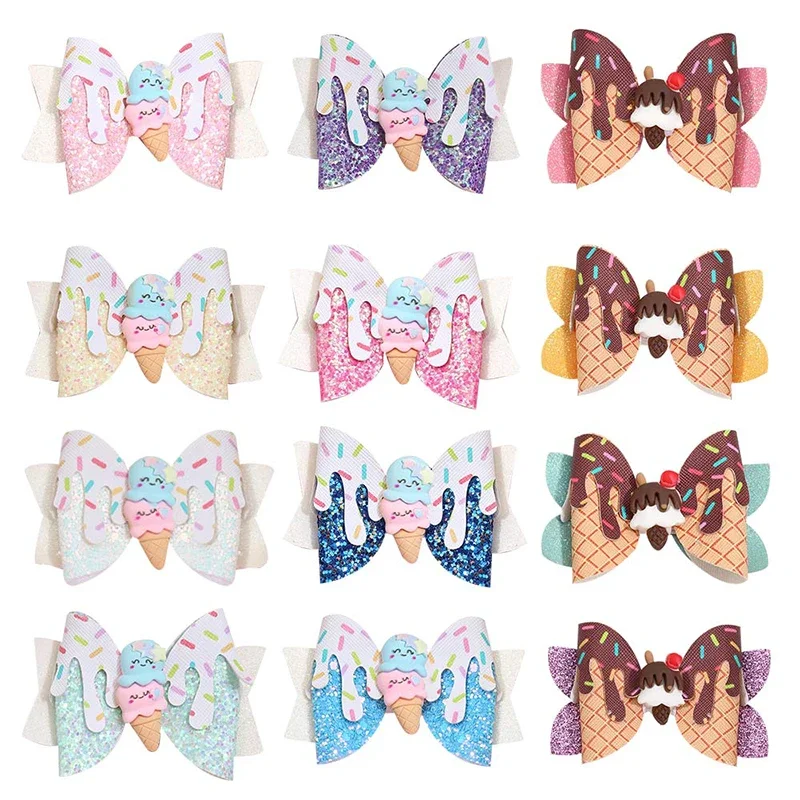 ncmama New Ice Cream Hair Bow Clips For Kids Lovely Glitter Bowknot Hair Pin Donuts Hairgrips Baby Headwear Hair Accessories