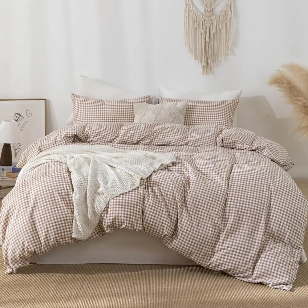 

Tan Gingham Duvet Cover Bedding Set Prewashed Extra Sot Comy Breathable 3 Piece Brown Plaid Checkered Grid Vintage Comorter Cove