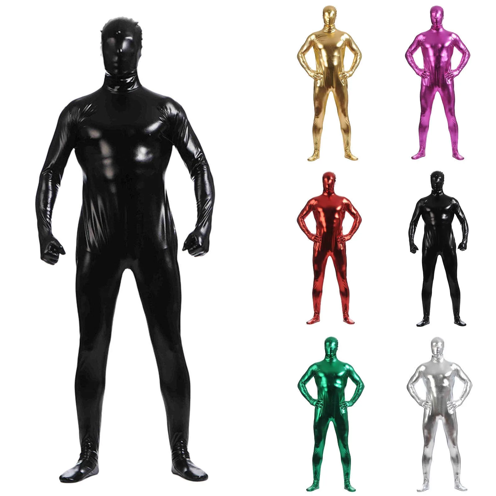 Metallic Spandex Bodysuit Men's Shiny Catsuit Sexy Unisex Zentai Full Body Suit Costume Party Wet Look One Piece Unitard S-3XL