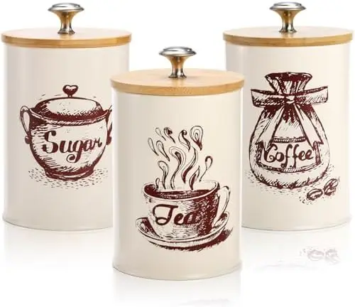 

Youeon 3-Piece 25 Oz Vintage Canister Set with Bamboo Lids – Beige Metal Kitchen Storage for Coffee, Sugar, Tea – Farmhouse Deco