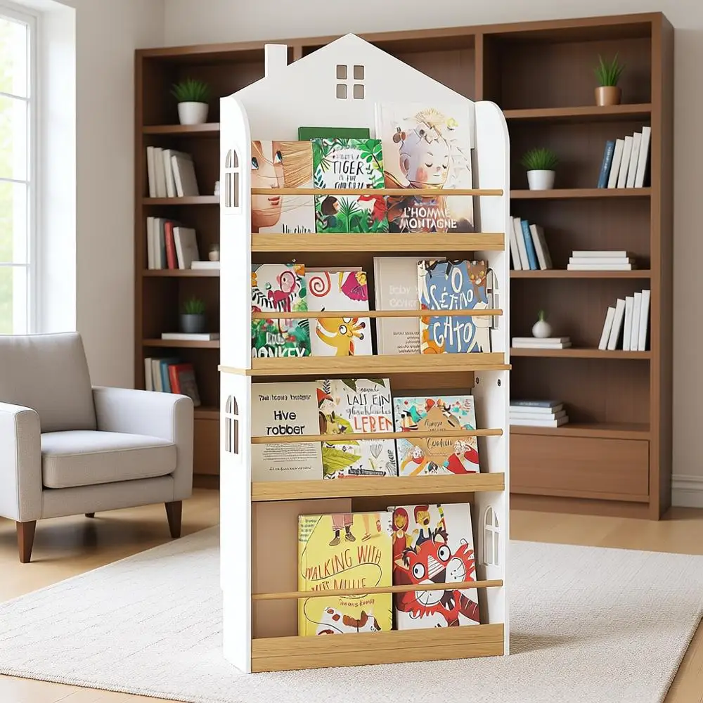 

4-Tier Wall-Mounted Wooden Bookshelf Organizer for Kids - White